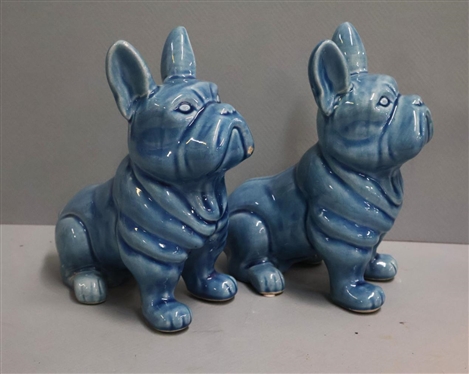 Pair of Blue Ceramic French Bull Dog Statues - Frenchie Dogs - Attractive Turquoise Blue Glaze - 9 Tall - One Has Small Glaze Flake on Face 