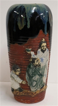 Japanese Sumida Style Ceramic / Pottery Vase Heavily Glazed with 4 Figures - Vase is 12 Tall 