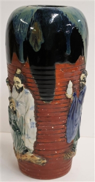Japanese Sumida Style Ceramic / Pottery Vase Heavily Glazed with 4 Figures - Vase is 12 Tall 