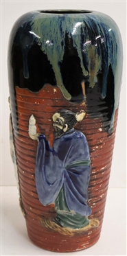 Japanese Sumida Style Ceramic / Pottery Vase Heavily Glazed with 4 Figures - Vase is 12 Tall 