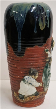 Japanese Sumida Style Ceramic / Pottery Vase Heavily Glazed with 4 Figures - Vase is 12 Tall 