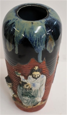 Japanese Sumida Style Ceramic / Pottery Vase Heavily Glazed with 4 Figures - Vase is 12 Tall 