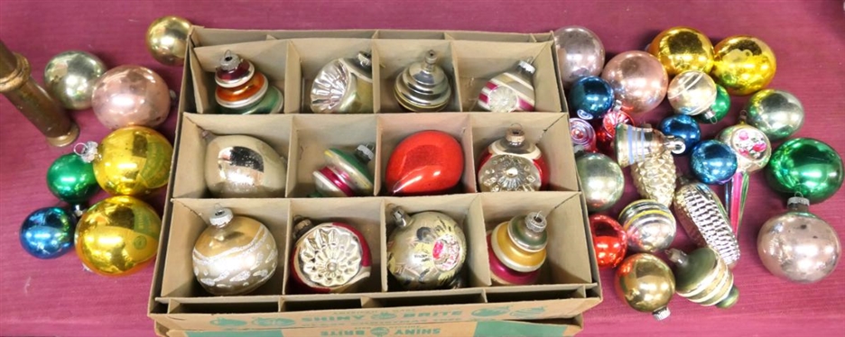 Group of Vintage Glass Christmas Tree Ornaments including Shiny Brite with Original Box including Traditional Balls,  Corn Cob and Other Shapes