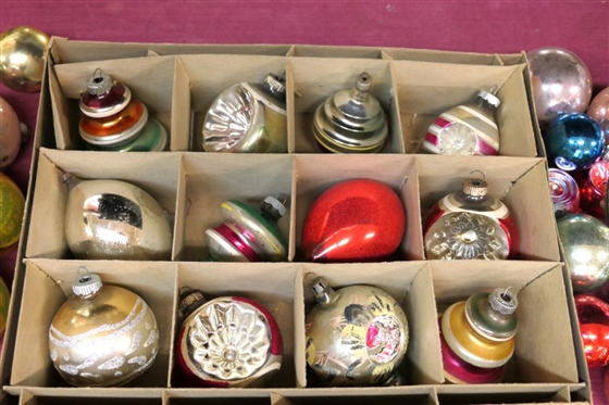 Group of Vintage Glass Christmas Tree Ornaments including Shiny Brite with Original Box including Traditional Balls,  Corn Cob and Other Shapes