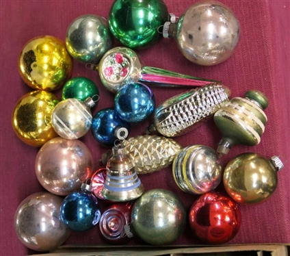 Group of Vintage Glass Christmas Tree Ornaments including Shiny Brite with Original Box including Traditional Balls,  Corn Cob and Other Shapes