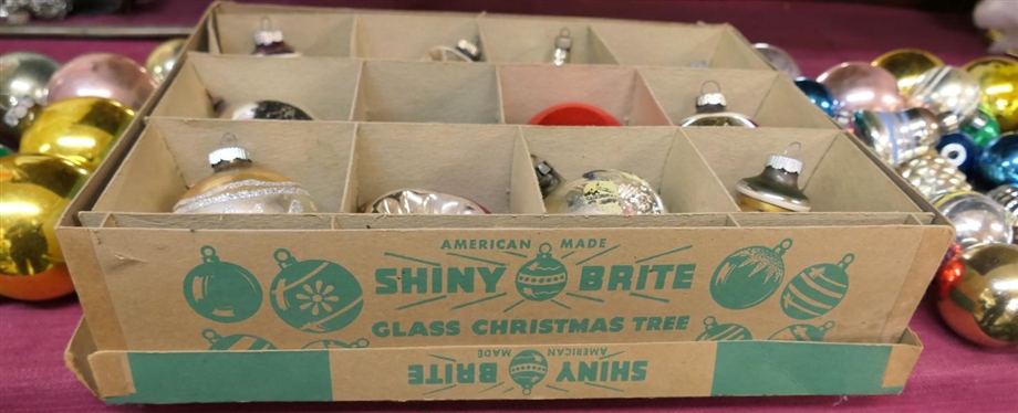 Group of Vintage Glass Christmas Tree Ornaments including Shiny Brite with Original Box including Traditional Balls,  Corn Cob and Other Shapes