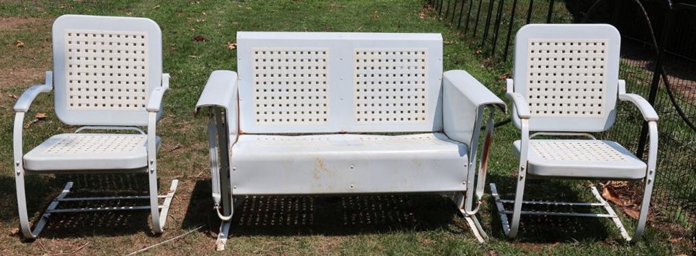 Original 1950's Love Seat Glider and Spring Chairs Set - Professionally Restored and Powder Coated in Light Blue and White - Basket Weave Pattern - Loveseat is 50 Long - Some Minor Finish Issues...