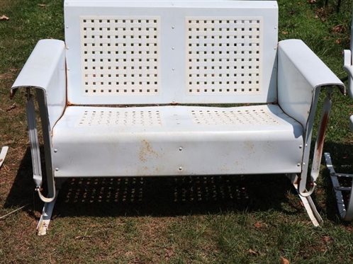 Original 1950's Love Seat Glider and Spring Chairs Set - Professionally Restored and Powder Coated in Light Blue and White - Basket Weave Pattern - Loveseat is 50 Long - Some Minor Finish Issues...