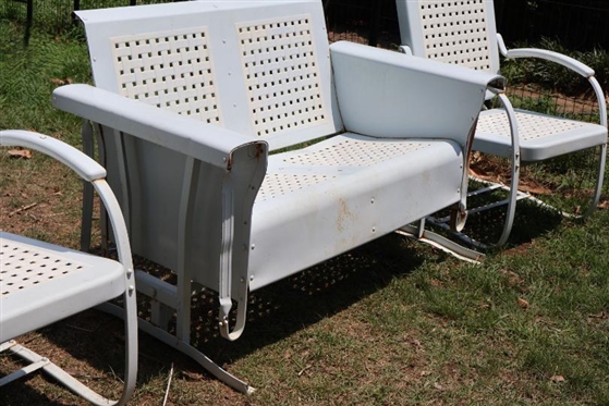 Original 1950's Love Seat Glider and Spring Chairs Set - Professionally Restored and Powder Coated in Light Blue and White - Basket Weave Pattern - Loveseat is 50 Long - Some Minor Finish Issues...