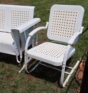 Original 1950's Love Seat Glider and Spring Chairs Set - Professionally Restored and Powder Coated in Light Blue and White - Basket Weave Pattern - Loveseat is 50 Long - Some Minor Finish Issues...
