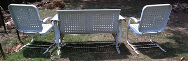 Original 1950's Love Seat Glider and Spring Chairs Set - Professionally Restored and Powder Coated in Light Blue and White - Basket Weave Pattern - Loveseat is 50 Long - Some Minor Finish Issues...