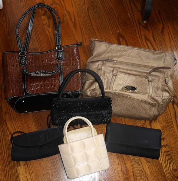 6 Purses & Handbags - Rosetti, Beaded Evening Bag, Plack Envelope Purse, and Brown Embossed Croc Style 