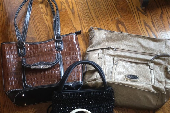 6 Purses & Handbags - Rosetti, Beaded Evening Bag, Plack Envelope Purse, and Brown Embossed Croc Style 