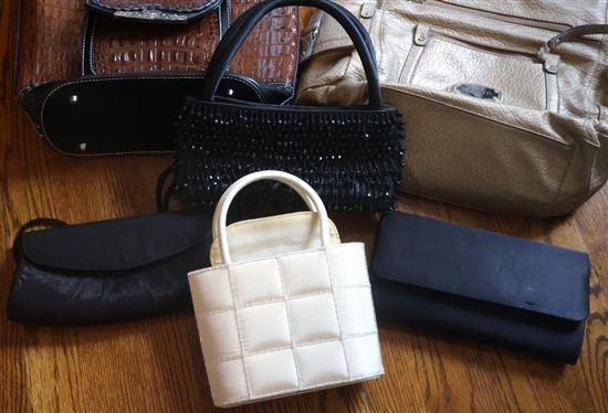 6 Purses & Handbags - Rosetti, Beaded Evening Bag, Plack Envelope Purse, and Brown Embossed Croc Style 