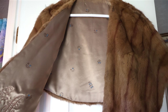 Light Brown Mink Stoll with Satin Lining - Embroidered Monogram Inside 