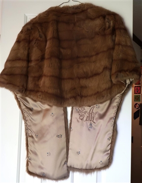 Light Brown Mink Stoll with Satin Lining - Embroidered Monogram Inside 