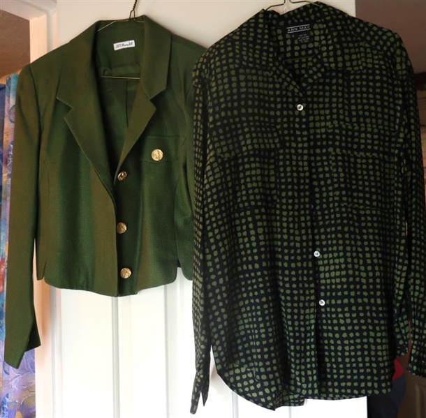 Ann May 100% Silk Skirt Suit and Blouse - Olive Green Blazer and Skirt with Black and Green Dotted Blouse - Jacket Size 6, Skirt Size 4, Blouse Size Small 