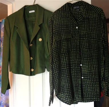 Ann May 100% Silk Skirt Suit and Blouse - Olive Green Blazer and Skirt with Black and Green Dotted Blouse - Jacket Size 6, Skirt Size 4, Blouse Size Small 