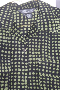 Ann May 100% Silk Skirt Suit and Blouse - Olive Green Blazer and Skirt with Black and Green Dotted Blouse - Jacket Size 6, Skirt Size 4, Blouse Size Small 
