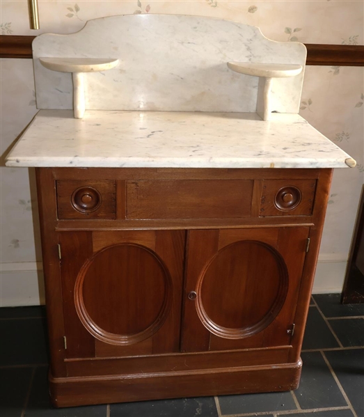 Walnut Marble Top Washstand -Marble Top with Candle Shelves - Base with 2 Small Drawers - Faux Center Drawer Over Double Cabinet Doors -  Measures - 28 1/2" Tall 31 1/2 "by 18" - Not Including...