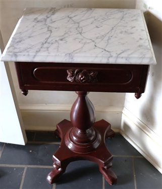 Contemporary Mahogany Finish Marble Top Table with Carved Floral Drawer Pull - Dovetailed Drawer - White Marble Top - 28 Tall 18 by 14 