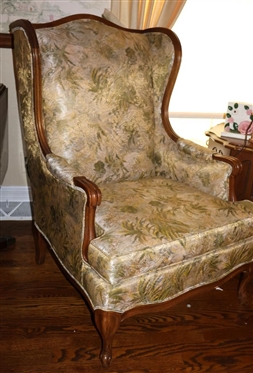 Vintage Crestwood Furniture Company - High Point NC French Style Wing Back Arm Chair - Wood Frame - Attractive Yellow and Green Upholstery - 40 Tall 27 1/2' Wide 