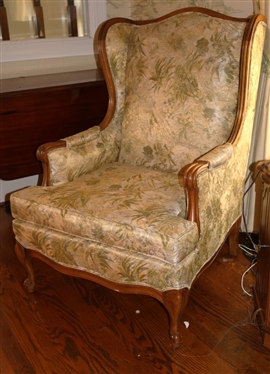Vintage Crestwood Furniture Company - High Point NC French Style Wing Back Arm Chair - Wood Frame - Attractive Yellow and Green Upholstery - 40 Tall 27 1/2' Wide 
