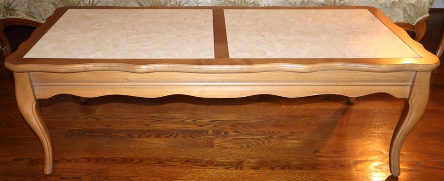 Vintage Coffee / Cocktail Table with Stone Inset Top - Scalloped Edges - 15" Tall 46" by 21" 