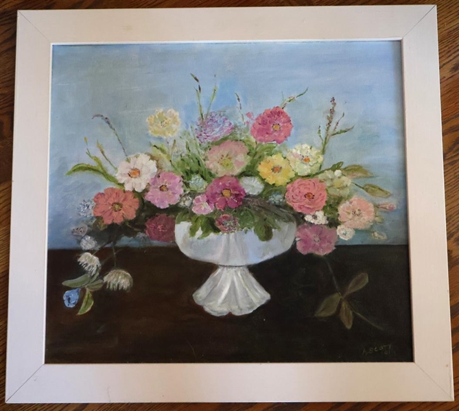 A. Scott Still Life Painting On Board - Dated 01 - Beautiful Urn of Flowers in White Frame - Frame is 21 1/2" By 23 1/2"