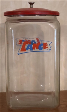 Large Lance Jar with Red Metal Lid - Jar is 13 Tall - Good Graphics - Original Metal Lid