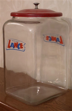 Large Lance Jar with Red Metal Lid - Jar is 13 Tall - Good Graphics - Original Metal Lid