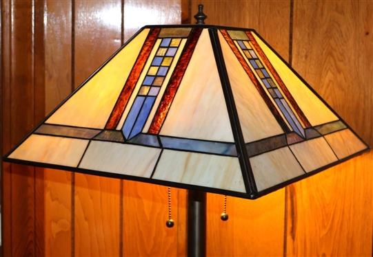 Leaded Glass Floor Lamp - Arts and Crafts Style - Antiqued Brass Base - 2 Light - 62 Tall 