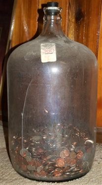 5 Gallon Glass Water Bottle With Un Searched / Un Sorted Coins - Pennies, Nickels, Quarters, and Dimes - See Photos