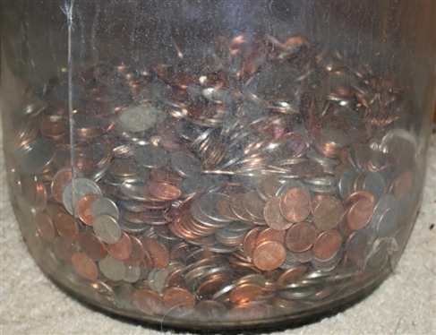 5 Gallon Glass Water Bottle With Un Searched / Un Sorted Coins - Pennies, Nickels, Quarters, and Dimes - See Photos