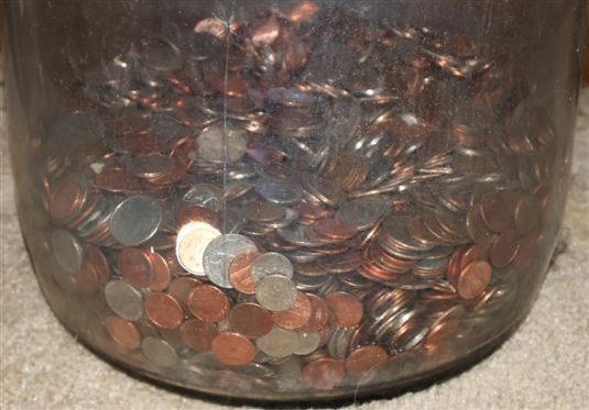 5 Gallon Glass Water Bottle With Un Searched / Un Sorted Coins - Pennies, Nickels, Quarters, and Dimes - See Photos
