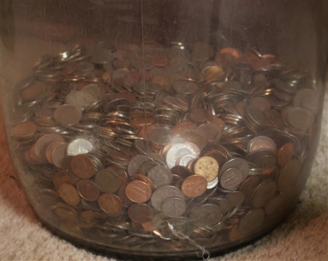 5 Gallon Glass Water Bottle With Un Searched / Un Sorted Coins - Pennies, Nickels, Quarters, and Dimes - See Photos