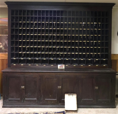Leeland Hotel - Danville, VA - Key Sorter Cabinet / Cupboard - Top with 208 3 by 5 Key / Main Cubbies and 13 5by 6 Cubbies - Base with 3 Double Door Cabinets - Shelves Inside - Cubbies Have...