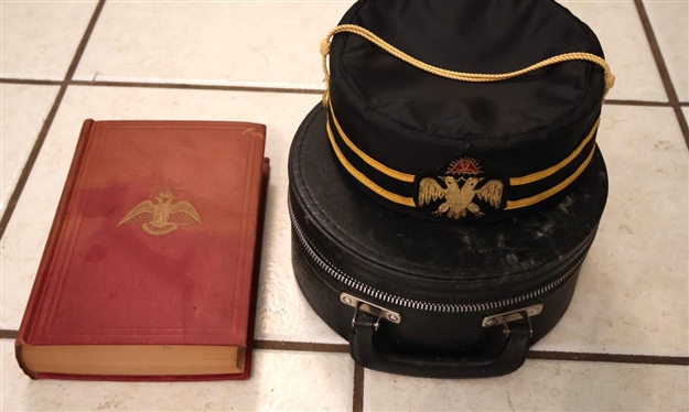 Scottish Rite 32 Degree Hat in Case, "Morals and Dogma - Ancient & Accepted Rite of Freemasonry" Hardcover Book and Accompanying Documents, Tags, and Ephemera