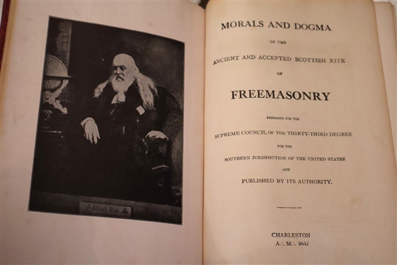 Scottish Rite 32 Degree Hat in Case, Morals and Dogma - Ancient & Accepted Rite of Freemasonry Hardcover Book and Accompanying Documents, Tags, and Ephemera