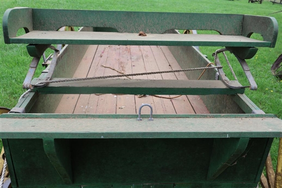 Exceptionally Nice Horse Drawn Buck Wagon Buckboard' One Horse Wagon - Wood Spoke Wheels - Painted Green and Yellow - Working Brakes, Spring Buggy Seat - Shed Kept - 9ft 8 Long