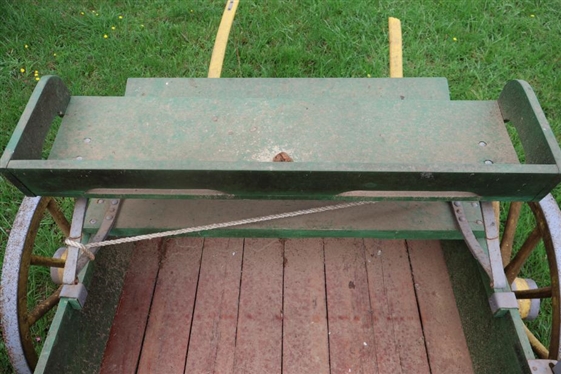 Exceptionally Nice Horse Drawn Buck Wagon Buckboard' One Horse Wagon - Wood Spoke Wheels - Painted Green and Yellow - Working Brakes, Spring Buggy Seat - Shed Kept - 9ft 8 Long