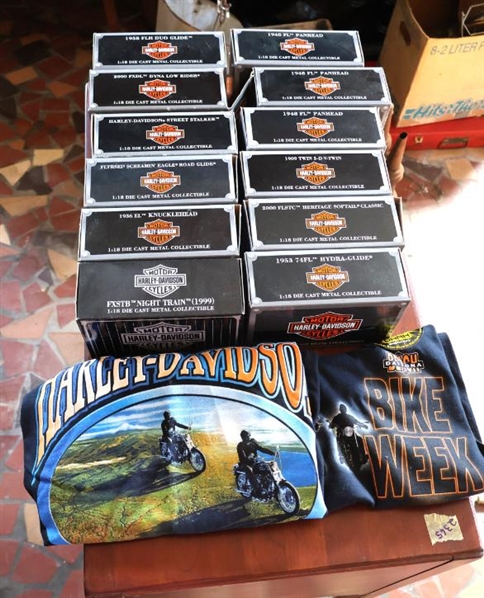 12 Harley Davidson Die Cast 1:18 Scale Motorcycle Collectibles - New in Original Boxes and 2 T-Shirts - Harley Davidson and Bike Week 2020 - Glow in The Dark - Both Small 
