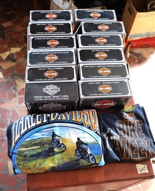 12 Harley Davidson Die Cast 1:18 Scale Motorcycle Collectibles - New in Original Boxes and 2 T-Shirts - Harley Davidson and Bike Week 2020 - Glow in The Dark - Both Small 