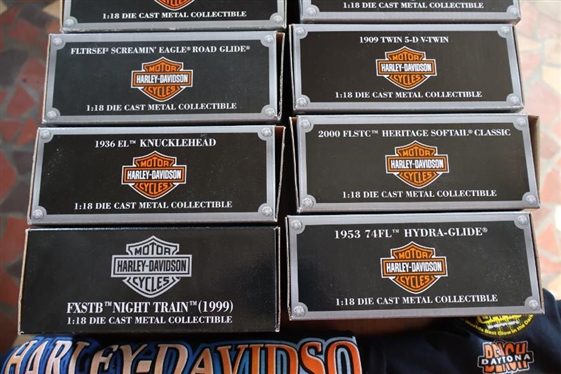 12 Harley Davidson Die Cast 1:18 Scale Motorcycle Collectibles - New in Original Boxes and 2 T-Shirts - Harley Davidson and Bike Week 2020 - Glow in The Dark - Both Small 