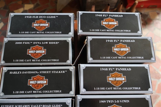 12 Harley Davidson Die Cast 1:18 Scale Motorcycle Collectibles - New in Original Boxes and 2 T-Shirts - Harley Davidson and Bike Week 2020 - Glow in The Dark - Both Small 