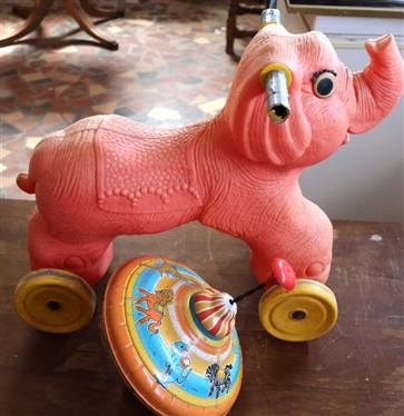 Ohio Art Tin Litho Spin Top and Vintage Plastic Blow Mold  Elephant Ride On Toy - Missing One Eye 