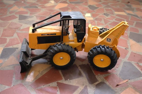 Ertl Die Cast  John Deere Tractor with Push Blade and Attachment with Winch - Number 590 - Large Model Tractor 8" Tall 15" Long 