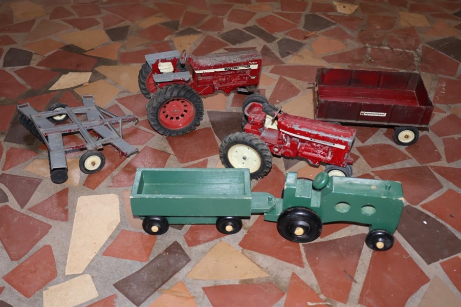 2 ERTL Die Cast International Tractors, Trailer, Plow and Handmade Wood Tractor with Wagon - Largest International Tractor is 4" Tall 8" Long