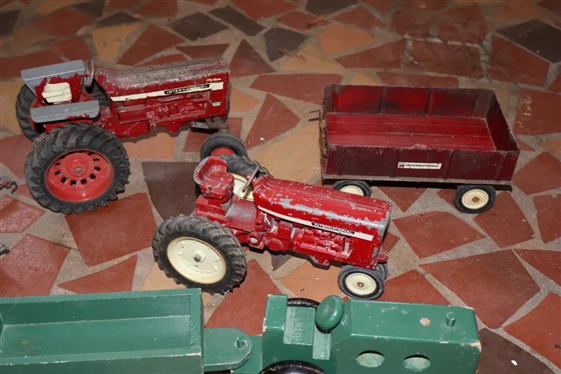 2 ERTL Die Cast International Tractors, Trailer, Plow and Handmade Wood Tractor with Wagon - Largest International Tractor is 4 Tall 8 Long