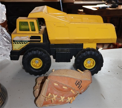 Tonka Mighty Diesel Pressed Steel Dump Truck and Lousiville Slugger "Team Mate" Childs Baseball Glove 